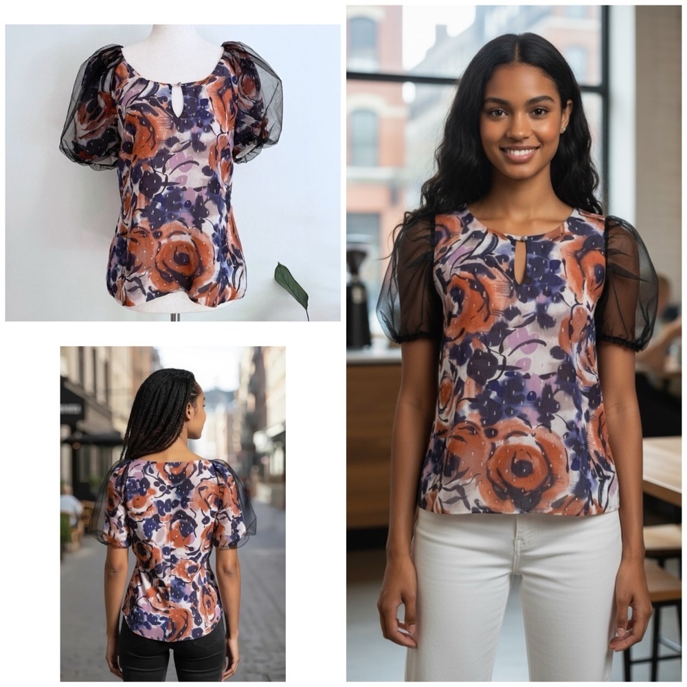 ST JOHN Silk Floral Roses Chiffon Sleeves Metallic Evening Cottagecore Blouse 4